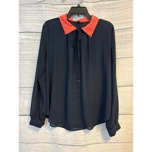 Lucca Couture Navy Blouse Studded Collar Size M